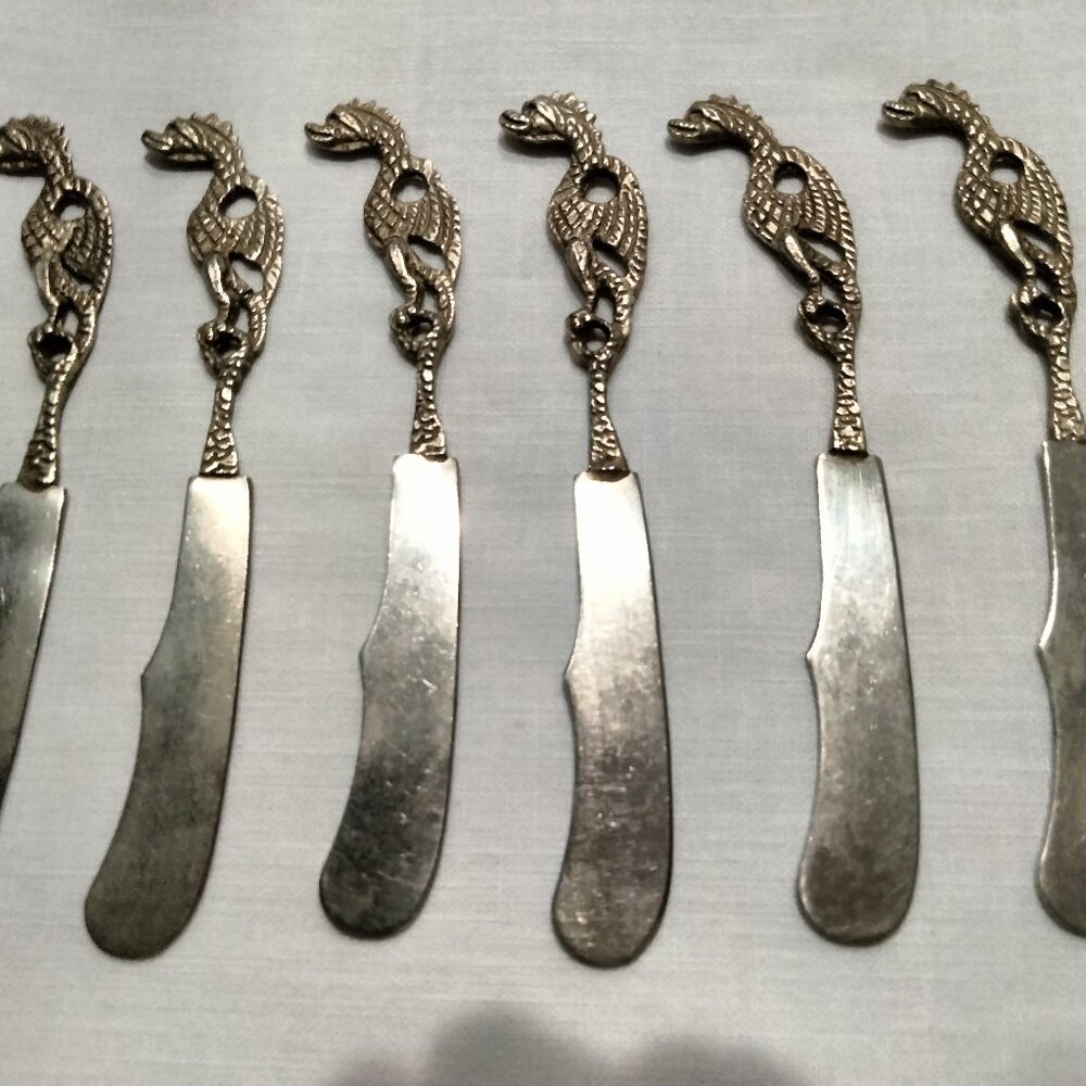 Vintage Silver Italian Butter Knives, Brass Dragon Handles, Set of Six